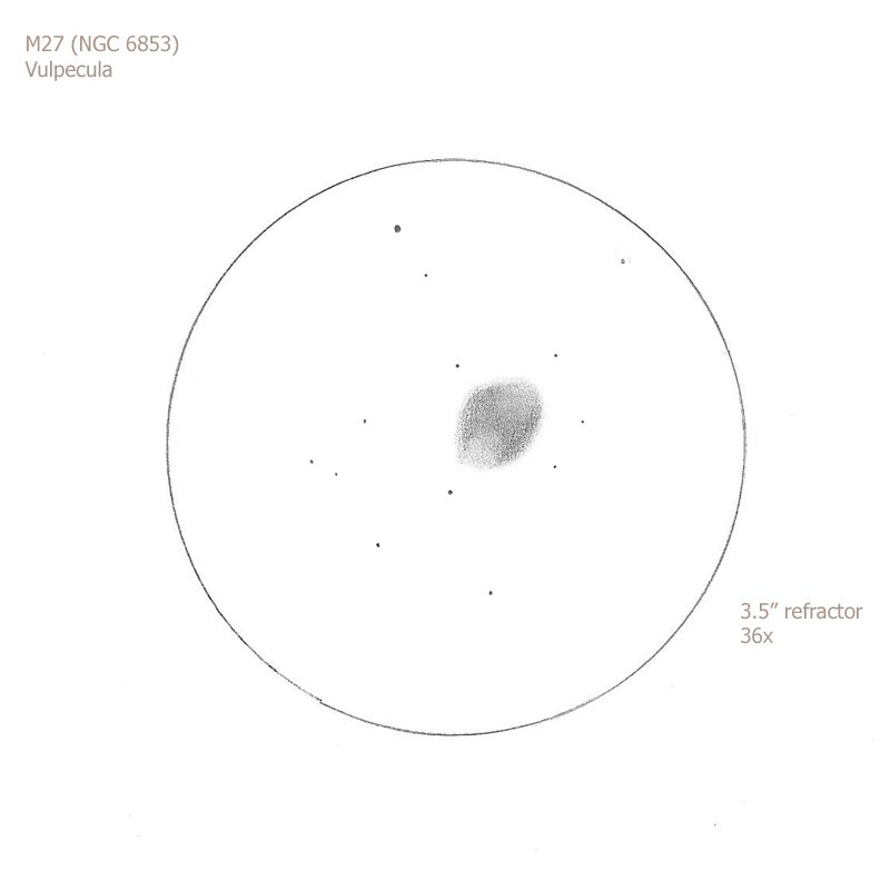 M27 (NGC 6853)/Vul, 3.5" f10 refractor/36x, 6/II/IV, S