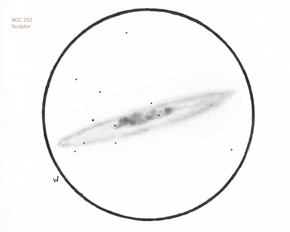 NGC 253/Scl, 20" Dob, 120x, 7.0/II/II, D