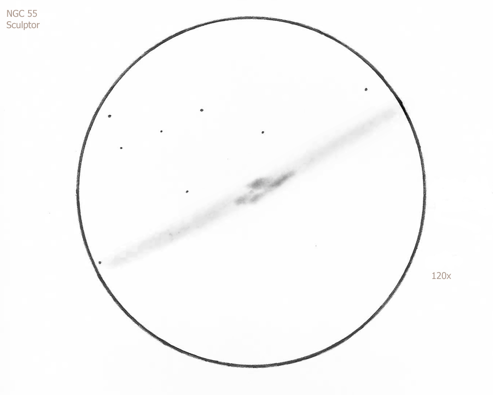 NGC 55/Scl, 12.5" Dall-Kirkham, 120x, 7.0/I/I, E